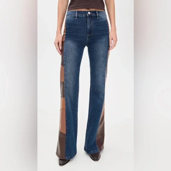 Alice + Olivia Faux Leather Patchwork High Rise Blue Flare Jeans - Picture 3 of 9